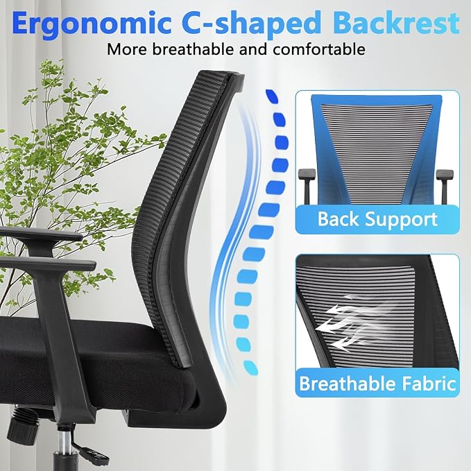 CLATINA Big and Tall Office Chair, Heavy Duty Ergonomic Mesh Computer Desk Chair with Armrests, Adjustable Height Rolling Swivel Mid Back Executive Task Chairs for Home Office Conference, Black, 10PK