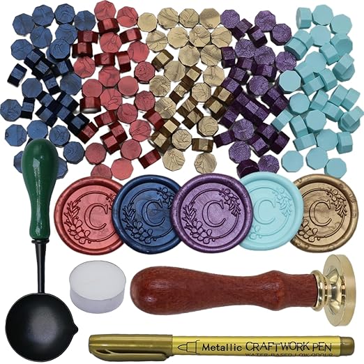 Initial Alphabet C Wax Seal Stamp Set, Retro Letter Sealing Stamp with 150Pcs Sealing Wax Beads in 5 Color, Melt Non Stick Spoon Pen Kit for Wedding and Christmas (C)