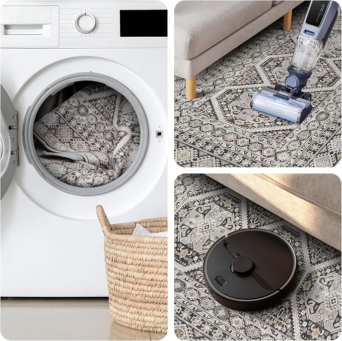 Washable Area Rug Non Slip - 2x3 Small Kitchen Boho Rug Vintage Entryway Low Pile Carpet for Doormat Black
