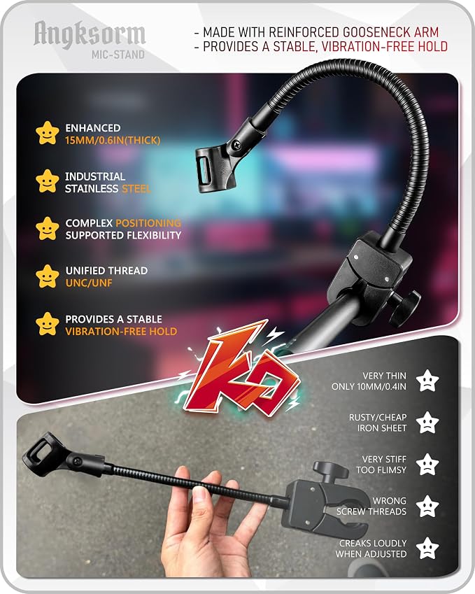 13" Gooseneck Mic Stand w/Super Crab Clamp, Flexible Microphone Arm Mount Holder, Compatible with Music Stands, Mic Stands, Tripods, Boom Arms - KBC1458