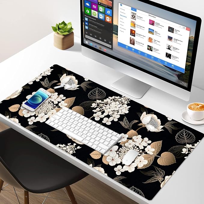 Large Mouse Pad, Desk Mat for Desktop, Dual Side PU Leather Waterproof Gaming Mousepad Desk Pad, Desk Protector Writing Pads Desk Accessories for Office and Home (C-Black Gold Flower, 31.5''X15.8'')