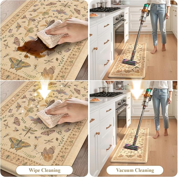 KIMODE Kitchen Mats for Floor 2 Piece Anti Fatigue Cushioned Kitchen Rugs | 17 x29+17"x47", Beige,Vintage Butterfly,Non Slip Waterproof,Memory Foam,Standing Mats,for Laundry Sink Office Home Decor