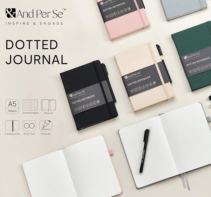 &And Per Se Dotted Journal and Pen Set, A5 Leather Hardcover Dotted Notebook, 160 Pages 100GSM Thick Paper Dot Grid Journal with Fineliner Pen (Pink)