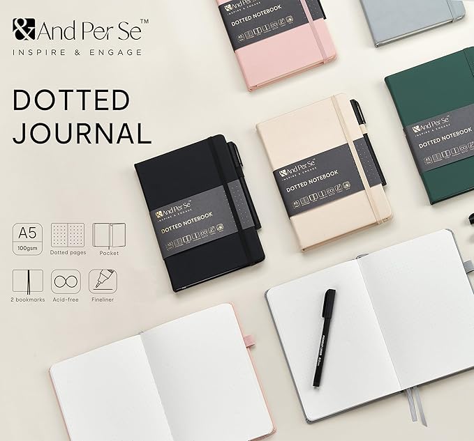 &And Per Se Dotted Journal and Pen Set, A5 Leather Hardcover Dotted Notebook, 160 Pages 100GSM Thick Paper Dot Grid Journal with Fineliner Pen (Black)