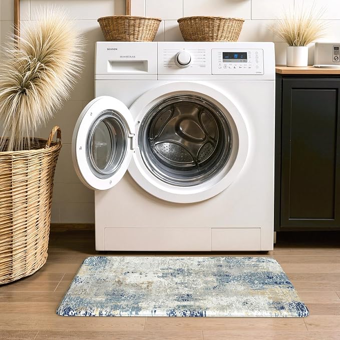 LEEVAN Anti Fatigue Kitchen Mats for Floor, Non-Slip Cushioned Kitchen Rugs | 20"x31", Modern Abstract Blue Thick Memory Foam Kitchen Rugs, Waterproof Ergonomic Standing Mats for Laundry, Office & Sink
