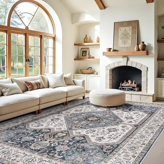Living Room 9x12 Area Rugs - Large Boho Rugs for Living Room Stain Resistant Carpet Vintage Tribal Rugs for Bedroom Kitchen Bathroom with Non Slip Backing Home Decor Floor Decor Mat 9x12 Navy/Blue