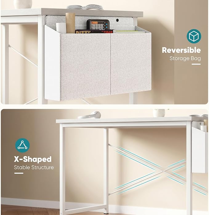 OLIXIS Computer Desk, 47 Inch Home Office Desks for Small Spaces, Writing Craft Study Gaming Table for Bedroom, Modern Computer Workstation with Storage Bag and Headphone Hook, White