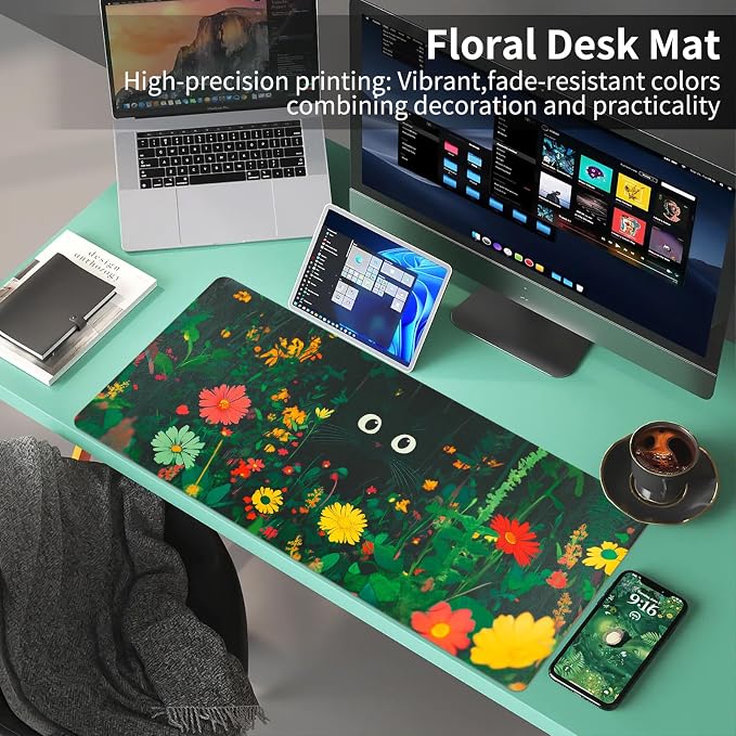 Bloss Green Mouse Pad, Clearance Overstock Limited Stock Discontinued Size Large Floral Plants Desk Pads for Desktop, Cute Black Carton Cat Leather Desk Mat, Computer Laptop Desk Mat,31.5"x15.7"