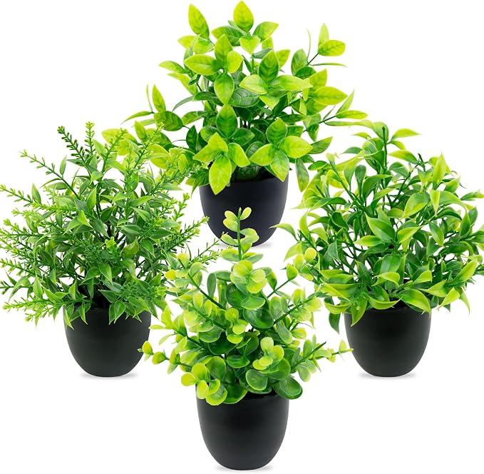4 Pack Mini Fake Plants Artificial Potted Plants for Home Office Bathroom Shelf Desk Decor, Small Faux Greenery with Black Pots, Assorted Faux Grass & Leaf Plants for Indoor Aesthetic Decoration