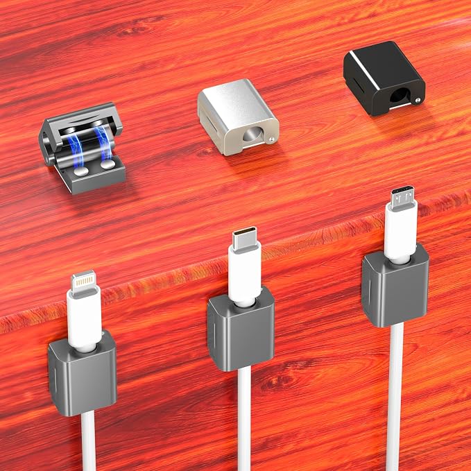 AGVEE 6 Pack Cord Organizer Clips Cable Management Holder, Aluminum | 10mm Ultra-Thin, 6X Powerful Magnetic Closure Snap Keeper for Home Desk Office Gadgets Accessories, Residue-Free Tape