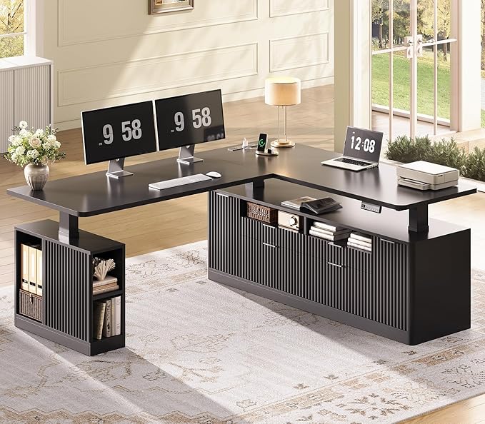 SEDETA L Shaped Electric Standing Desk, 69" x 55"Height Adjustable Office Executive Desk with 4 Drawers and Storage Shelves, Fluted Sit Stand Computer Desk with Power Outlet for Home Office (Black)