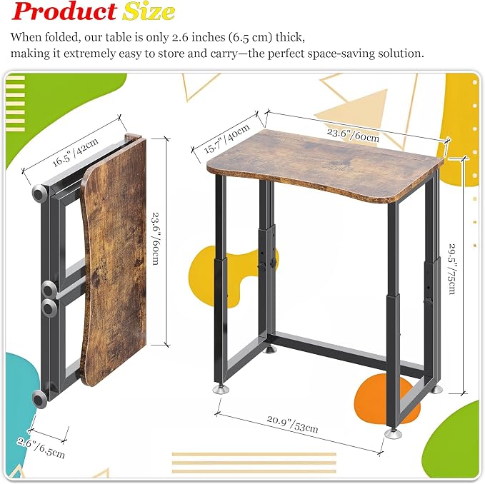 UDD No Tools Assembly Folding Desk, 23.6" Mobile Computer Desks with Wheels, Foldable Writing Fold Table, Portable Collapsible Work Craft Tables for Small Space Home Office Bedroom, Rustic Brown Black