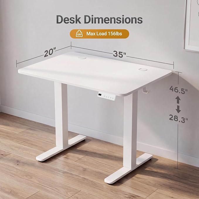 Claiks Electric Small Standing Desk, 35x20 Inch, White | Adjustable height for sit-stand, 156lbs capacity, scratch-resistant surface, 3 memory presets, cable management & hook.