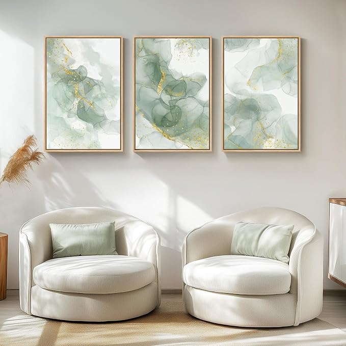 Large Framed Sage Green Abstract Wall Art, 3 Piece Modern Canvas Prints Paintings Artwork for Walls, Minimalist Green and Gold Abstract Pictures for Living Room Bedroom Dining Room Wall Decor 20x30 In