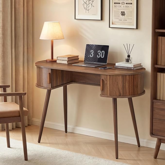 AVZEAR 43" Oval Fluted Home Office Desk, Small Computer Desk Writing Desk | ﻿ Wlanut Mid Century Modern Small Computer Desk Vanity Table with Sliding Tambour Door, Fluted Wooden Writing Study Desk