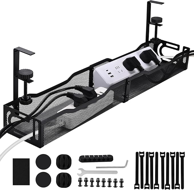 Under Desk Cable Management Tray 25.3 Inch, Clamp-On Cable Organizer Box for Standing Desks, No Drill Cord Management Under Desk, Large Desk Wire Organizer for Office & Home, Black