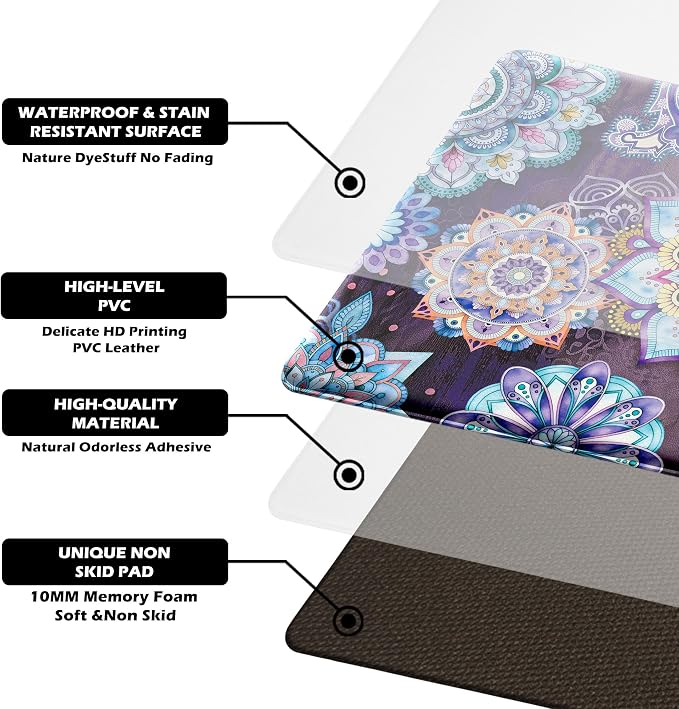 Boho Purple Floral Kitchen Rugs Mats for Floor 2 Piece Memory Foam Padded Kitchen Mats Anti Fatigue Non Slip Cushioned Comfort Standing Mat, 17.3x28+17.3x47 Inch