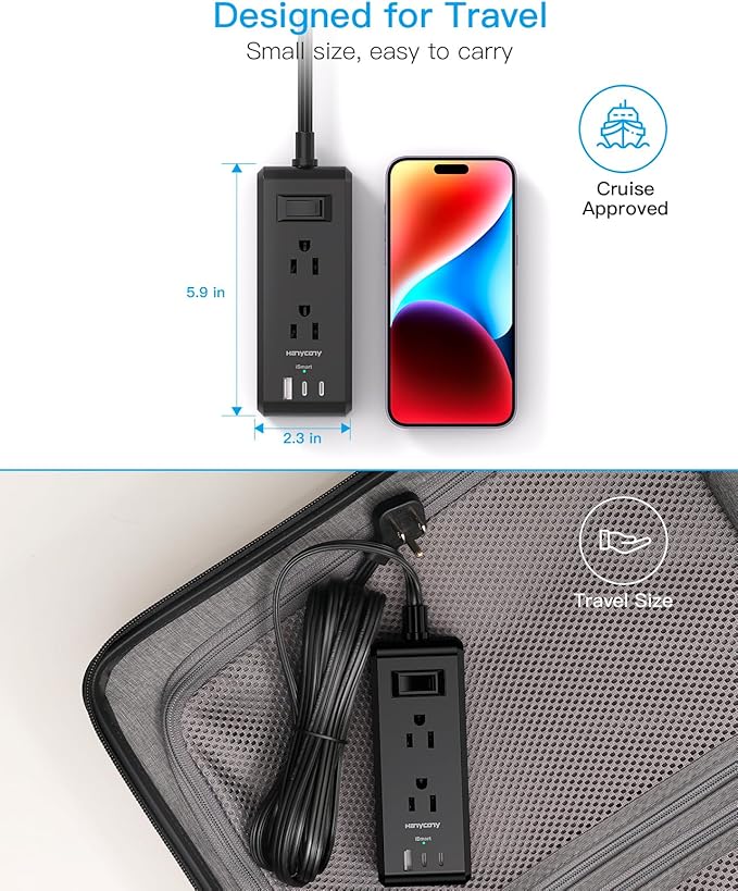 Cruise Essentials, Flat Plug Power Strip, HANYCONY 5ft Ultra Flat Extension Cord - 6 Outlets 3 USB Ports (2 USB C) Desktop Charging Station, No Surge Protection for Travel, Dorm Room Essentials, Black