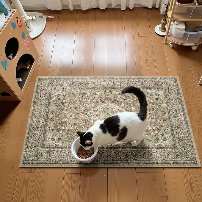 Green Small Washable Area Rug, 2x3 Boho Vintage Entryway Rugs, Soft Non Slip Floral Door Mat, Aesthetic Low Pile Carpet for Front Door Entry Carpets Entrance Bedroom Kitchen