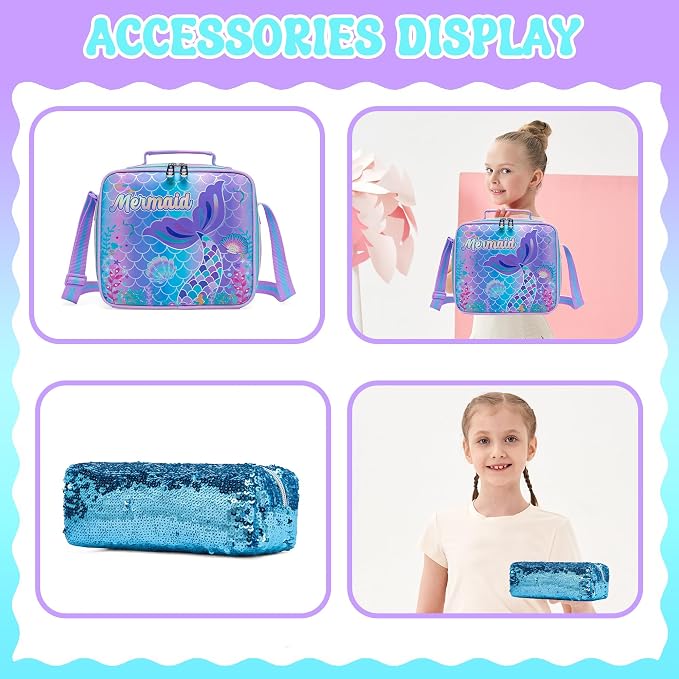Meetbelify Mermaid Backpack for Girls School Backpack with Lunch Box for Elementary Student Teen Girls Cute School Bag Kids Bookbag for Girls 8-10 Purple