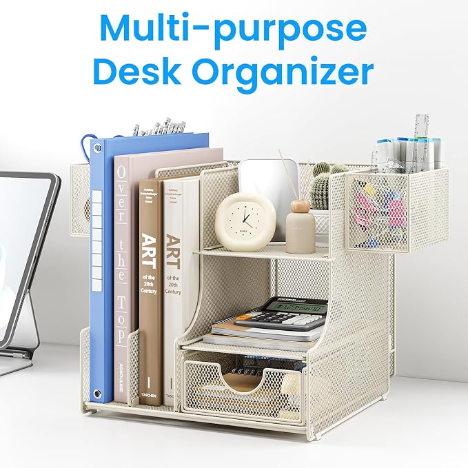 Lavatino Desk Organizer – 4-in-1 White Mesh Office Supplies Organizer with Pen Holder, File Holder, Desktop Tray, and Drawer for Home, Office, Classroom