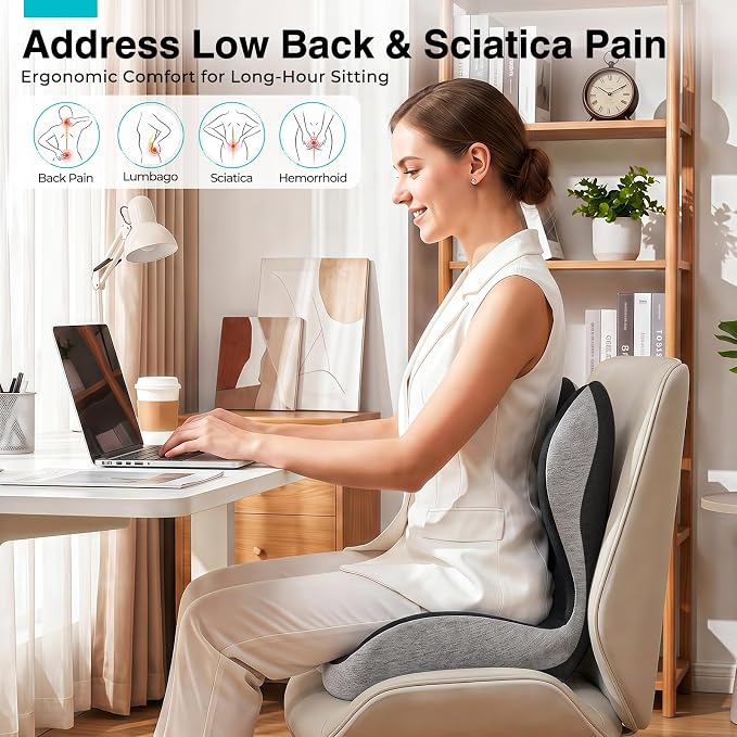 Seat Cushion for Office Chair and Car, L-Shaped Memory Foam Truck Driver Seat Cushion, Ergonomic Sciatica & Tailbone Pain Relief Cushion with Non-Slip Breathable Cover, Back Support for Office Chair