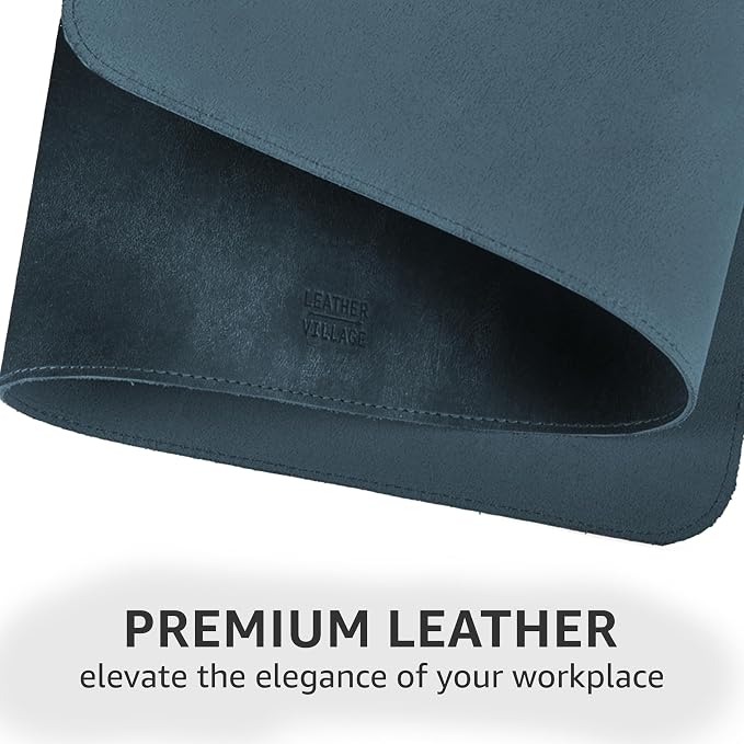 LEATHER VILLAGE Real Leather Desk Pad 3mm Thick Double Layer Desk Mat Blue | 32''x16'', Cover Blotter Large Full Grain Protector for Keyboard, Mouse & Laptop, Office Table Mat & Desktop Accessories