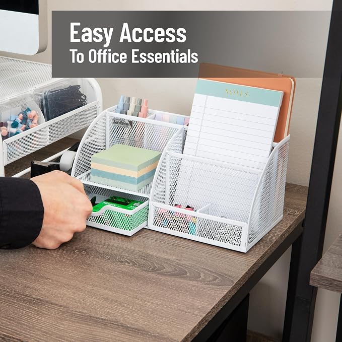 Mind Reader 7-Compartment Desktop Organizer, Metal Mesh, White | Desk Organizer for Pens, Sticky Notes, Mail, Office Supplies