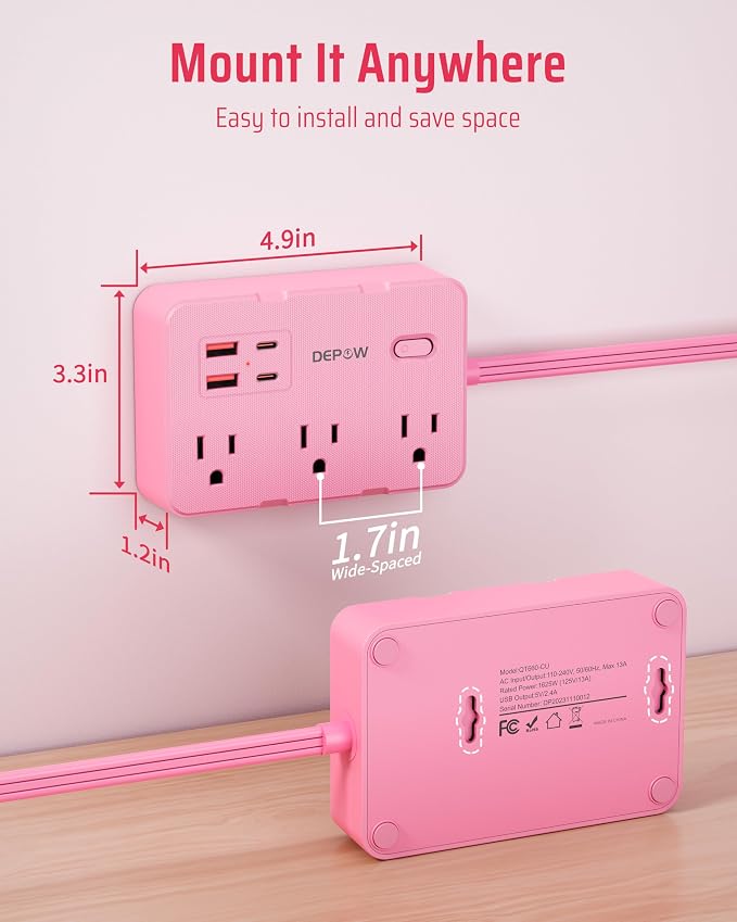 DEPOW Pink Power Strip, 5FT Extension Cord with 6 AC Outlets（1625W/13A 4 USB Ports (2 USB C), 1050J Surge Protector, Flat Plug Wall Mountable Charging Station for Dorm Room Desk Bedroom Kawaii Decor