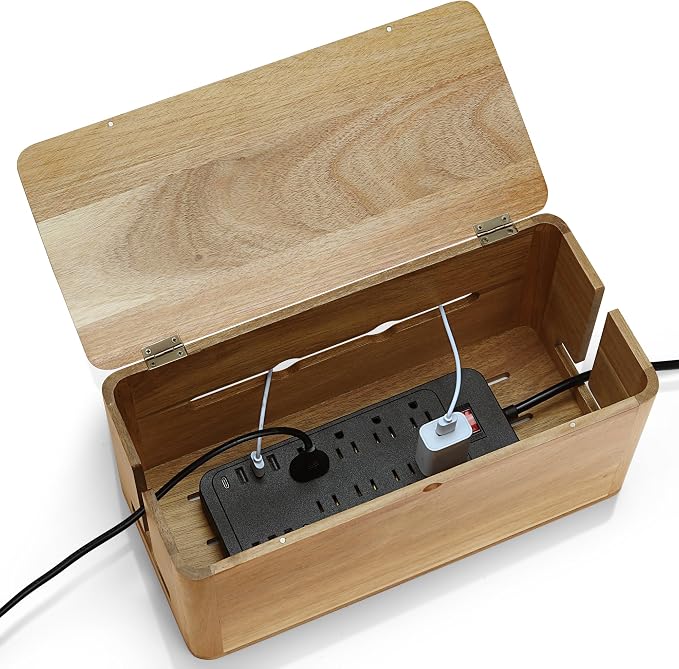 Large Acacia Wood Cable Management Box, Magnetic Lid, Cable Organizer | Ventilated Design, Cord Organizer Power Strip Box with Outlet Covers, Cord Hider for Desk and Floor Cable Storage