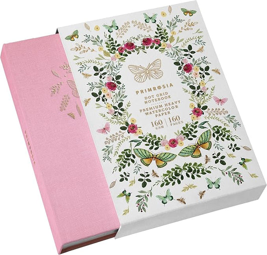 Primrosia A5 Dot Grid Watercolor Journal Notebook – 160 pages I 160gsm Premium Heavy Paper, No Bleed – Luxe Linen Hard Cover (Pink Butterfly)