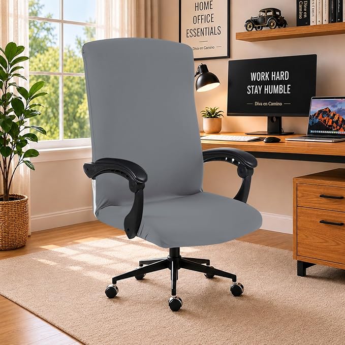 DIVA EN CAMINO DEC Stretch Office Chair Cover with Zipper, Soft Slipcover for Desk, Boss, or High Back Chair, Mid Gray