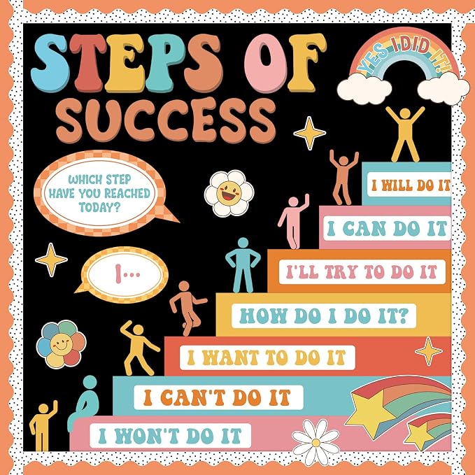 Motivational Bulletin Board Decorations Set Back to School Positive Classroom Decor Steps of Success Paper Cutouts Educational Sayings Accents for School Door Wall Chalkboard Decor Supplies (Groovy)