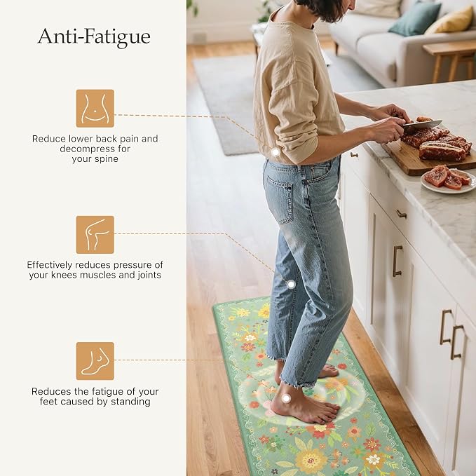 GENIMO Anti Fatigue Kitchen Mats for Floor 2PCS, Cushioned Standing Mats | 17.3"x47"&17.3"x30", Sage Green vintage floral rug set, waterproof, non slip, easy-clean for farmhouse