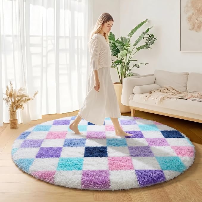 KICMOR Purple Rainbow Round Rug for Bedroom Girls, Cute Fluffy Soft 4ft Circle Area Rug Small Fuzzy Shag Shaggy Living Room Carpet, Circular Checkered Rug for Kids Room Home Decor Aesthetic, Nursery