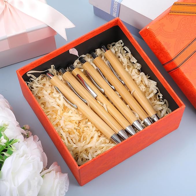 50Pcs Bamboo Pens, Bulk Wooden Pens, Engraving Wooden Ballpoint, Wood Natural Engraving Retractable Pen for Women Men Office Teacher Volunteer (Stylus Cap)