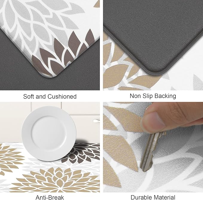 HEBE Anti Fatigue Kitchen Rugs Set of 2, Cushioned Kitchen Mats for Floor | Non Slip Washable Kitchen Runner Rug Set, Floral Stain Resistant Waterproof Comfort Mat Carpet for Sink, Standing Desk