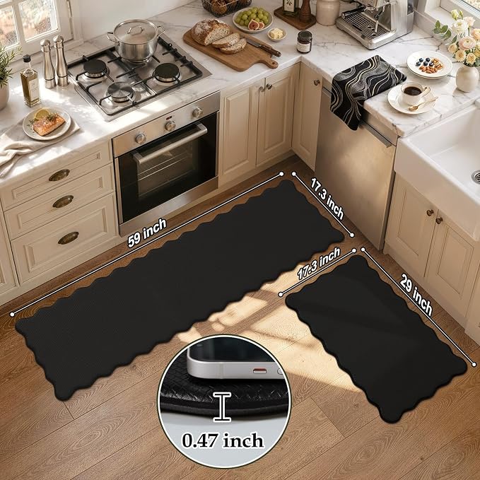 KIMODE Scalloped Kitchen Mats for Floor Cushioned Anti Fatigue,Black Carpet | Wavy Kitchen Sink Rugs Sets of 2 Non Slip,Comfort Memory Foam Kitchen Floor Mat for Office Laundry,Dormitory,Bath,Bedroom