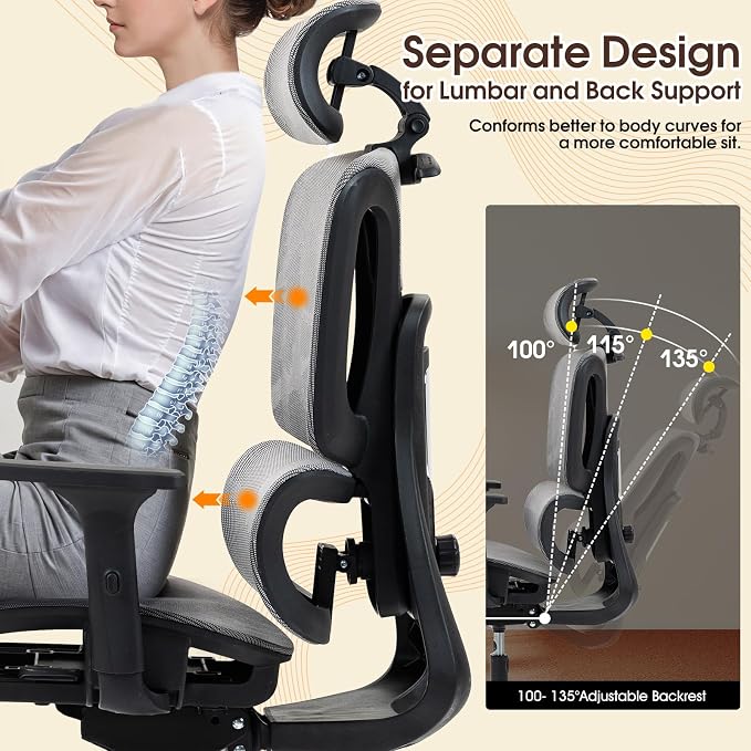 ECOTOUGE Grey Ergonomic High Back Mesh Office Chair | Lumbar Support, Adjustable Headrest, 3D Armrests, Reclining, Home/Office/Gaming, 330LBS