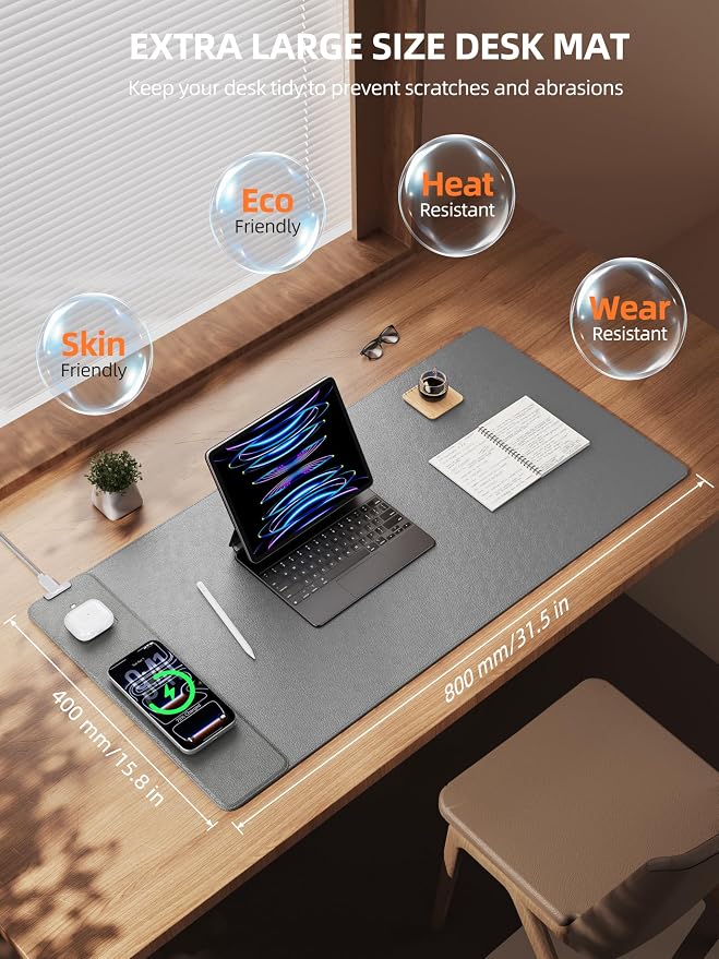 TopMade Mouse Pad with 15W Wireless Charging, XXL Large Leather Desk Mat, Waterproof Gaming Mousepad Home Office Desk Pad Protector, Gray (Includes 20W PD Power Adapter & 6.56ft Woven Cable)