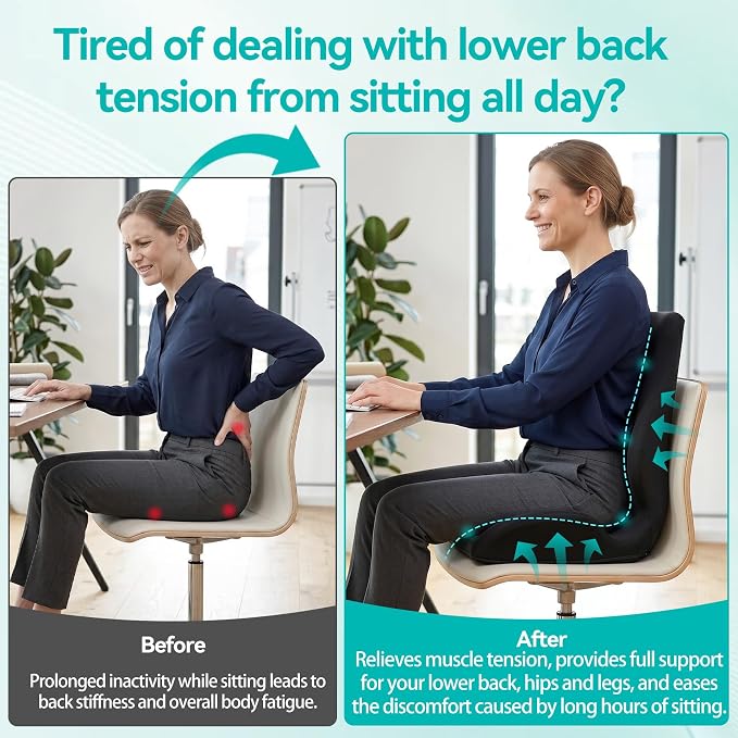 Seat Cushion with Back Support, Ergonomic Integrated Design | Memory Foam Seat Cushion with Lumbar Support Pillow, Relieves Coccyx & Sciatica Discomfort, Ideal for Office Chairs