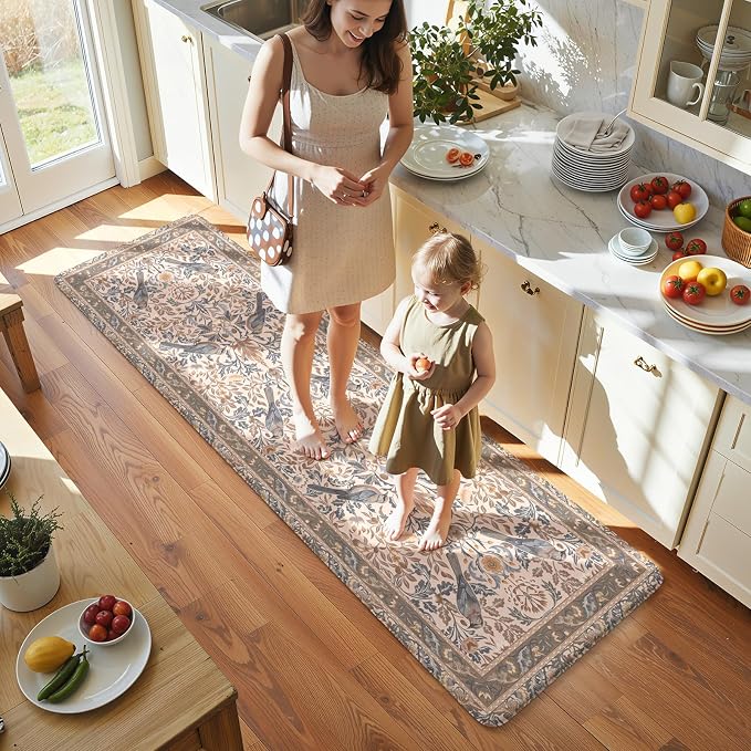 KIMODE Kitchen Mats for Floor Anti Fatigue,Cushioned Runner Rug | 23.6"x71",Khaki Beige,Floral Bird Boho Runner Rug Non Slip ,Wide Long Padded Kitchen Floor Mat for Laundry Sink Office Home