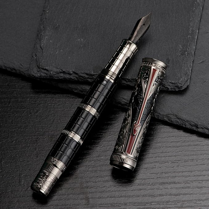 HONG DIAN D5 Qin Dynasty Fountain Pen Black Silver, Extra Fine Nib Piston Filling Pen, Retro Chinese Totem Engraving Smooth Writing Pen with Pen Box Set