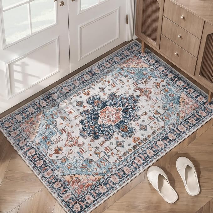 Tangsoo 2x4 Washable Rug for Entryway, Non Slip Small Area Rug, Indoor Front Door Rug, Print Blue/Beige Door Mat Carpet, Soft Low Pile Rugs for Entrance Kitchen Bedroom Bathroom