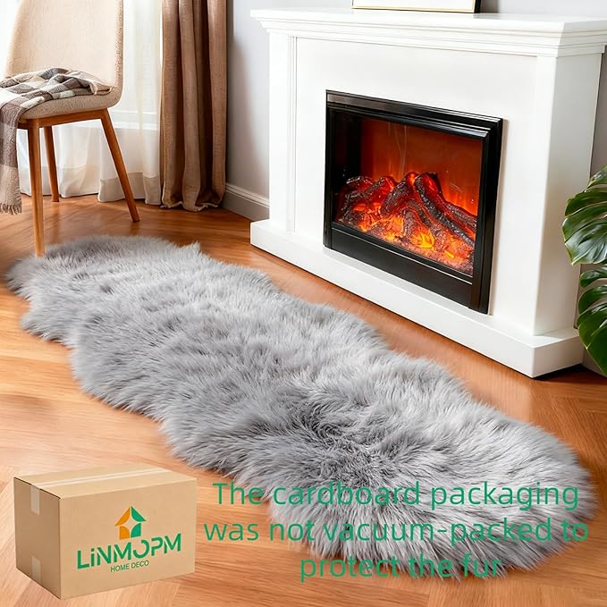 linmopm Faux Fur Sheepskin Rug, Grey, 2x6 ft Runner | Shag Fluffy Fuzzy, High-Density Cushion, For Bedroom Bedside Living Room, Plush Carpet, Sofa Cover