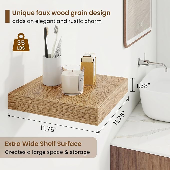 Marsmiles Square Floating Shelves for Wall, 12" W x 12" D x 1.5" H, 3 Pack Small Wall Mounted Engineered Wood Shelves with Invisible Brackets for Living Room, Bedroom, Bathroom, Kitchen Decor, Cedar