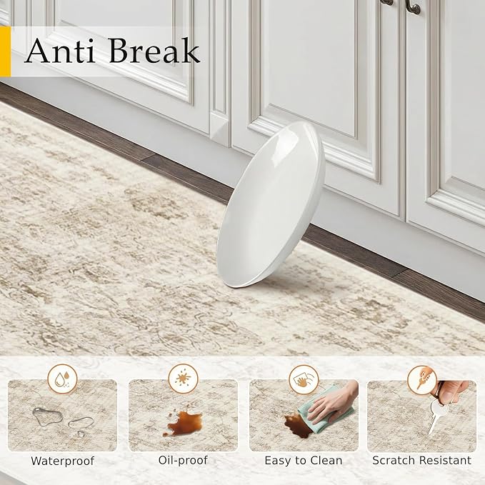 Anti Fatigue Kitchen Mats 2PCS Beige Neutral Mats for Cushioned Vintage Kitchen Matss for Floor Non-Slip Waterproof Comfort Standing Rug for Sink Laundry Office 17.3"×47"+17.3"×30"
