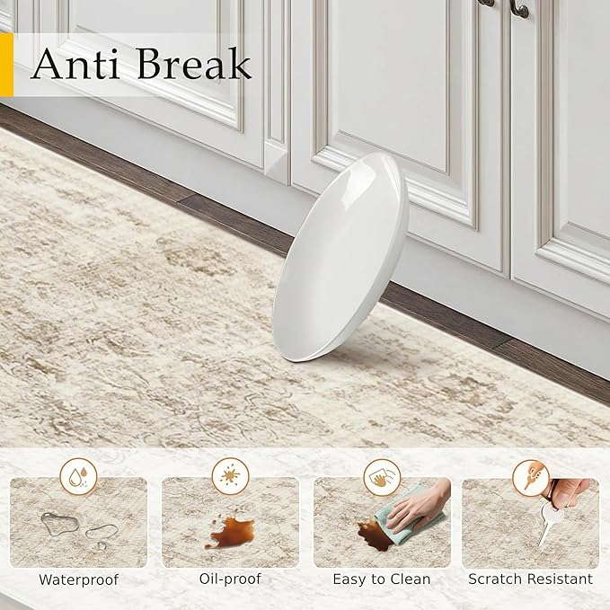 Anti Fatigue Kitchen Mat Beige Neutral Mats for Cushioned Vintage Kitchen Mats for Floor Non-Slip Waterproof Comfort Standing Rug for Sink Laundry Office 17.3"×30"