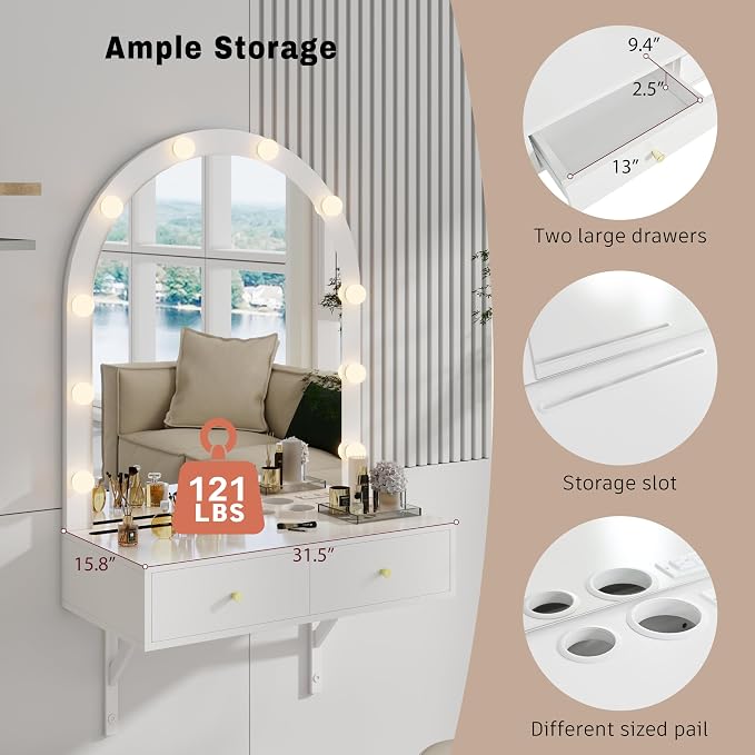 Floating Makeup Vanity Desk with Arched LED Mirror, 3-Color Lights, 2 Drawers, Charging Station, Wall Mounted, White