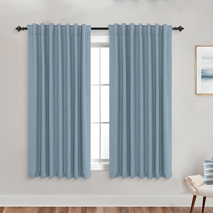KOUFALL Bathroom Curtains Window,Calming Coastal Dusty Blue Linen Blackout Short Curtains for Bedroom 45 Length